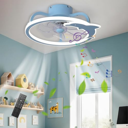 LASANYA Azul Modelado De Delfines Ventilador De Techo Con Luz, Moderno LED Silencioso Habitación Infantil Lampara Ventilador Techo, Con Altavoz Bluetooth, 50 CM Invierno Y Verano, Reversible