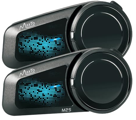 MAXTO Motorcycle Bluetooth Headset M2S, 6-Way Helmet Intercom Communication System with IP67 Waterproof, Voice Assistant, FM Radio, Music Sharing, Noise Cancellation,Motorbike Headphone (2 Pack)