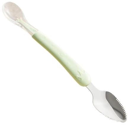 Raypontia Cuchara para bebé, primera cuchara para bebé, taza de alimentación de acero inoxidable de doble cabeza, cuchara de suplemento de alimentos portátil multifuncional, utensilios de