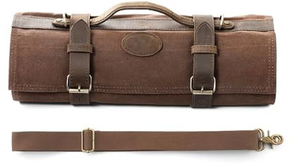 YIORYO Chef Knife Roll Bag - Waxed Canvas and Crazy Horse Leather - Professional Chef Knife Case - With 12 Slots Plus 2 Zipper Pockets to Hold Kitchen Cooking Tools - Travel Tool Roll Pouch(Brown)