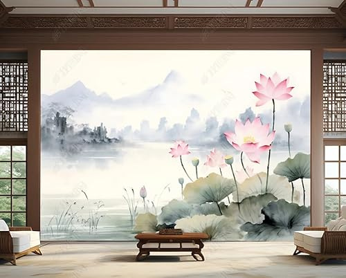 Papier Peint Intissé Lotus Paysage À L'Encre De Style Chinois Poster Tableaux Muraux Tapisserie Photo Trompe L'Oeil Salon Chambre Art Mural 250Cm(L) X175Cm(H)