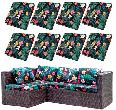 Hiseng Housses de Coussin d'extérieur Remplacement Imprimé Fleurs Feuilles Tropicales Extensible Housses de Coussin de Siège Canapé pour Salon de Jardin, Meubles de Terrasse (Style 5,8 pièces)