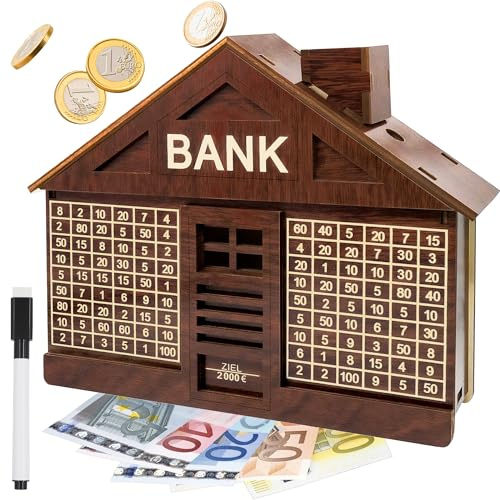 Premium Spardose aus Holz, Sparbox mit Zahlen, Sparschwein mit Zähler bis 2000€, Geldkassette für Erwachsene & Kinder, Mit Zielmarker Geldkassette Ideal für Urlaubskasse, Hochzeit & Budgetplanung