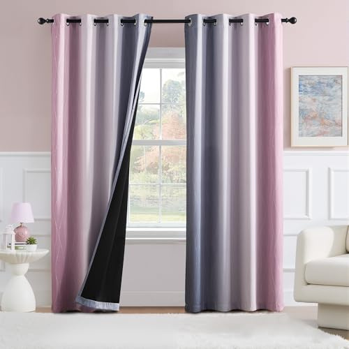 PONY DANCE 100% Blackout Ombre Wave Curtains for Girls - Thermal Privacy Curtains, Noise Reducing Eyelet Gradient Drapes for Bedroom and Living Room, 52 x 72 Inch, Pink and Grey, 2 Panels