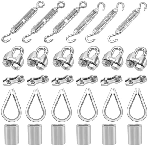 FAAING 30 Stück M5 Spannschloss Edelstahl Set, M5 Spanndraht Seilspanner mit Drahtseilklemme 3mm Edelstahl, 3mm Drahtseil Kauschen und Aluminiumhülsen, Drahtspanner Set zum Spannen von Stahlseil