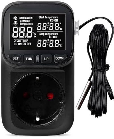 Temperaturregler 230V, Steckdosenthermostat mit VA-Display – Digitaler Thermostat Steckdose mit Timer & Fühler, Temperaturschalter für Gewächshaus, Aquarium, Kühlschrank, Terrarium