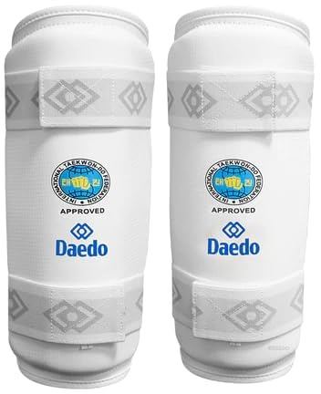 Daedo ITF Approved White Shin Guards – Martial Arts Leg Protectors – Lightweight Guards with Straps for Training