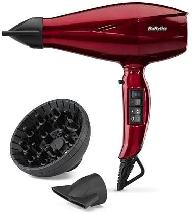 BaByliss Sèche-cheveux Pro Digital avec Diffuseur - Sèche-cheveux ultra-rapide et professionnel de 2200W, Ionique, Fabriqué en Italie, 3 températures & 4 vitesses avec Fonction Turbo, Rouge, 6001DE