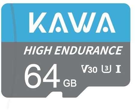 KAWA Scheda Micro SD da 64 GB, scheda di sorveglianza video High Endurance, scheda di memoria microSDXC, A1, U3, Class10, V30, scheda TF ad alta velocità per DashCam, telecamera di sorveglianza, baby