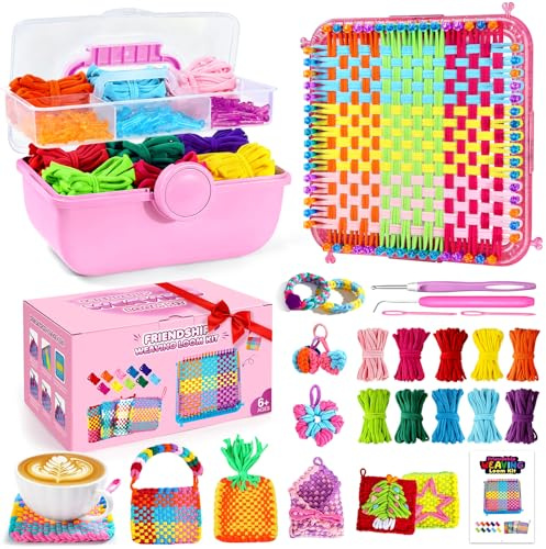 Weaving Loom Kit with 360 Loops & Portable Case, Potholder Maker for Kids Ages 6-13, Complete Craft Kit with Hooks - Ideal Creative Gift for Girls,Boys,Beginners(Christmas Birthday Gift) Pink