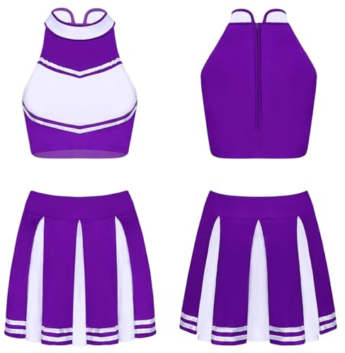 Cheerleader uniformer för kvinnor skimrande strass cheerleading kostym cheerleading uniform, långärmad perforerad kort topp och skate kjol, dansklänningar (Purple C, M)