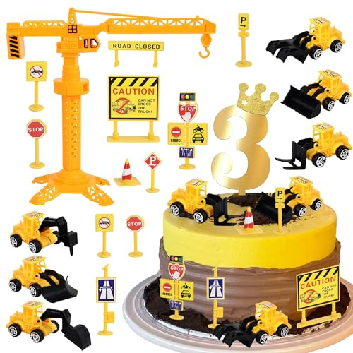 17 Pack Construction Vehicles Cake Toppers Set Toy Road Sign Tower Digger Cupcake Toppers Number 3 Cake Picks for Construction Theme 3rd Birthday Party Cake Decorations Supplies