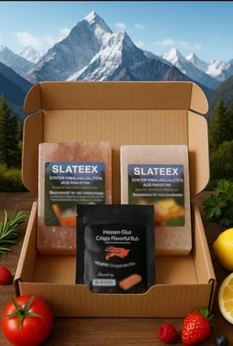 SLATEEX® Himalaya-Salzstein Set mit Flavorful Rub – BBQ Geschenkset für Grill & Ofen