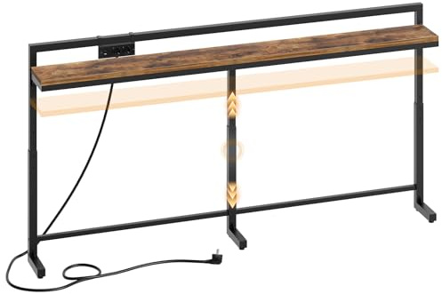 YATINEY 180 cm Console Étroite, Hauteur Réglable 70-90 cm, Table de Canapé, Multiprise Coulissante (2 AC, 1 USB-A, 1 Type-C), Câble 2 m, pour Entrée, Couloir, Salon, Chambre, Marron Rustique et Noir