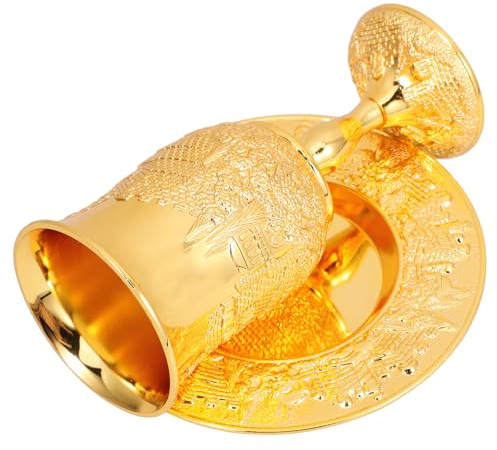 Healeved Copa de Kidush de Metal Dorado 1 Juego con Platillo para Shabat y Pascua – Vaso Sagrado Judaico para Ofrendas y Ceremonias Religiosas