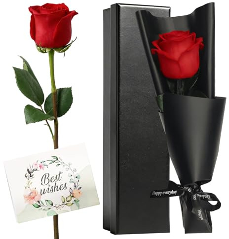 HIVTE Rosa Eterna Rossa, Rosa Vera Stabilizzata con Stelo, Regalo Romantico per San Valentino, Compleanno, Anniversario, Festa della Mamma, Donna, Fidanzata, Moglie