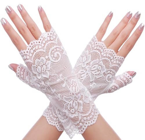 Teouuas Guantes de Encaje, Guante Cortos de Encaje para Mujer, Guantes Elegantes de Encajes para Mujer, para Halloween, Bodas, Fiestas de ópera, Protección Solar