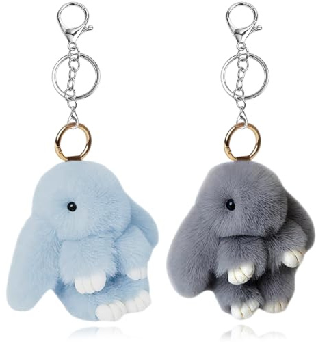 2PCS Adorable Porte-clés Lapin en Pluh,Clés En Fausse Fourrure Porte Clés Mignon En Peluche Lapin Porte,Décoration de Pompon en Peluche