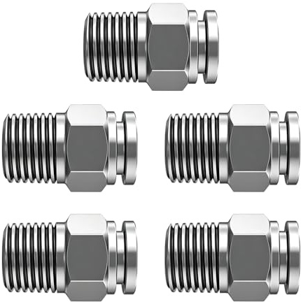 5Pcs Push to Connect Fittings, 8mm Tube OD x PT3/8 Male Thread Stainless Steel Straight Pneumatic Quick Connect Air Line Hose Fittings for Air Compressor & Pneumatic Tools