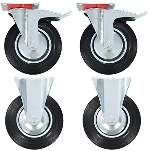 Ordellia Lot de 4 roulettes 200 mm en caoutchouc et fer avec revêtement en zinc, 2 roulettes pivotantes avec double frein, 180 kg par roulette pour chariot à plateforme, logistique d'entrepôt