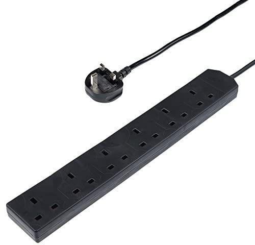 Invero® 6 Way Gang Power Mains Extension Lead 5M Metre Cable British Approved 13A Amps - Black