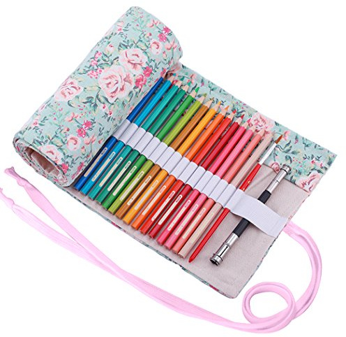 Amoyie Stifterolle Leinwand Mäppchen für 72 Buntstifte, Hand Roll-up Federmäppchen für Reisen/Schule/Büro/Kunst (Keine Schreibzeuge im Lieferumfang), Blumen