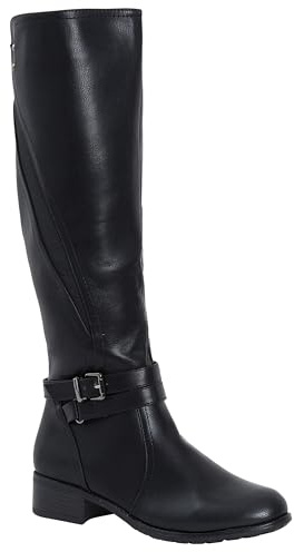 shelikes Womens Ladies Zip Up Buckle Knee Length High Flat Block Low Heel Boots Shoes
