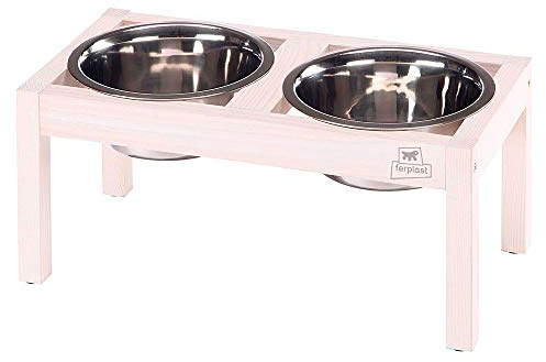 Ferplast Desco Wood Hundeschale mit 2 Schalen aus Edelstahl - Elegante Hundefutter- und Wasserschale aus Holz, rutschfest, 1,7 Liter