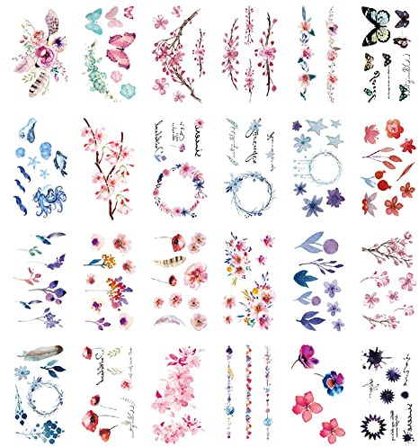 30 Sheets Cute Temporary Tattoos by Yesallwas,Fake Tattoos Stickers Body Tattoos- watercolor Cherry blossoms feather butterflies Tattoo