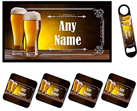 Personalised Bar Runner Mat, Matching Bottle Opener & 4 x Drinks Coasters Gift Set|Beer Gifts Home Bar Accessories for Pub Bars Man Cave Him Her|BRS-RA813|ADD ANY NAME/TEXT