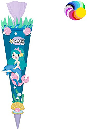 alles-meine.de GmbH Bastelset - Schultüte Farbe & Größe wählbar 70/85 / 100 cm - Meerjungfrau & Fische - inkl. Name - Farbe frei wählbar - Bastelschultüte - Zuckertüte zum ..