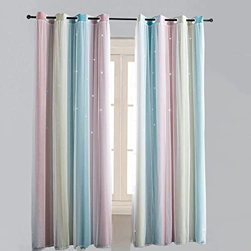 Lsimeru Regenbogen Vorhang Kinderzimmer Mädchen Junge Blickdicht Doppel Verdunkelungsvorhang Gardine Farbverlauf Höhlen Sterne Kinder Baby Ösenschal Ösenvorhange 1 Stücke,132x210