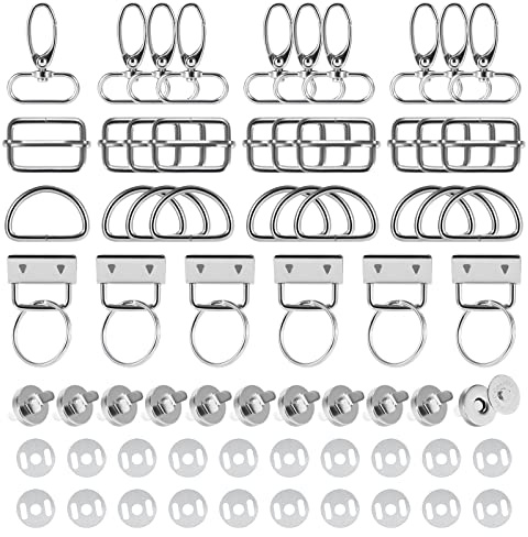 Jeesblsy Drehbare Karabinerhaken Taschenzubehör Zum Nähen 46Stk Tragegurt Reparatur Set für DIY Taschen Gürtel Zubehör, D-Ringe, Magnetische Knöpfe, Schiebeschnalle Gurtversteller