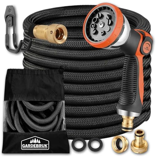 GARDEBRUK® Flexibler Gartenschlauch 15m 3fach Latexkern Vollmessing Adapter 1/2' 3/4' Zoll Wandhalterung Tasche Flexschlauch Wasserschlauch Schwarz