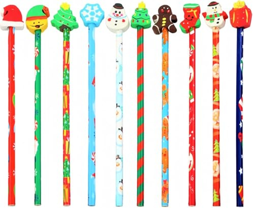 KAHEIGN 50Pcs Bleistifte mit Radiergummi Set, 10 Stile Stifte mit Cartoon Radiergummi Weihnachten Bleistift Kinderstifte für Weihnachtsdeko Gefälligkeiten