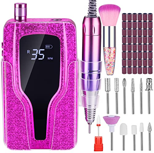 Professionale 35000 giri/min Nail Drill , Ricaricabile Elettrico Lima E File per Acrilico Unghie Gel Lucidatura Rimozione, Portatile Cordless Efile con Bit Kit per Manicure Salone Casa Rosa