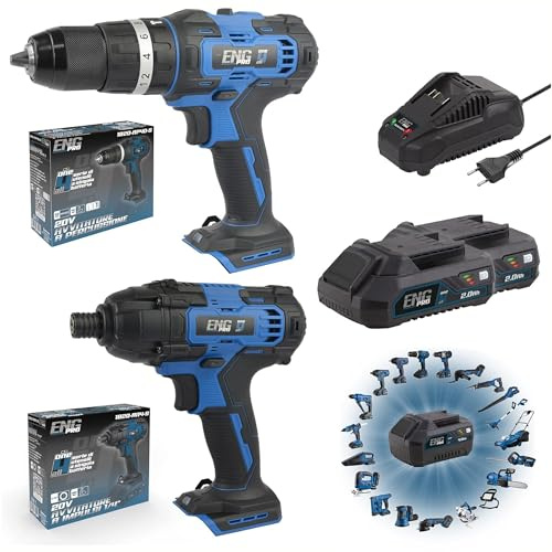 Kit ONE4ALL 2 Batterie 2.0Ah Trapano Avvitatore A Percussione A Batteria Mandrino Autoserrante 13mm + Avvitatore Ad Impulsi Da 1/4 Coppia Di Serraggio Massima di 180 Nm - ENG PRO