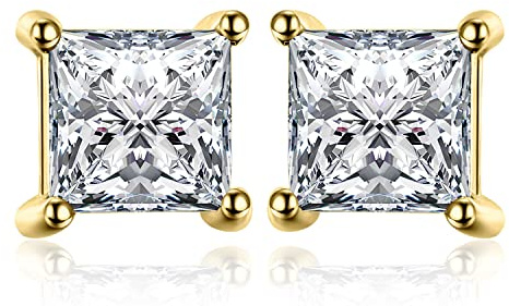 JewelryPalace Pendientes Mujer Plata Circonita Corte Princesa, Solitario Pendientes de Tuerca Oro 14k Piedra, Pendientes Pequeños Mujer Diamante Simulado, Niña Clásicos Conjunto Joyas Novia
