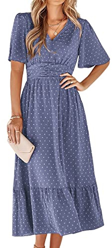 BebreezChic Robe d'été longue pour femme, style bohème, élégante, à manches courtes, col en V, taille haute, à pois suisses, à fleurs, robe de plage, Medium