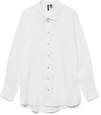 VERO MODA Camisa de Manga Larga con Botones y Cuello Holgado para Mujer, Blanco, XL