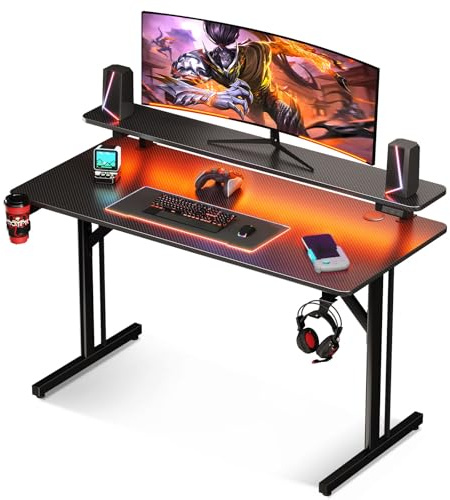 MOTPK 39 Inch Small Gaming Desk with LED Lights, Computer Desk Gaming Table with Monitor Shelf, Gamer Desk with Carbon Fiber Texture, Kids Boys Desk Gift for Men