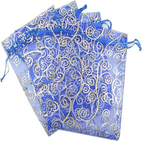 200 Stück Organzasäckchen,9 * 12cm Blau Gold Organzabeutel Säckchen Geschenkbeutel Organza Schmuckbeutel Hochzeit-Säckchen Kordelzug Für Hochzeitsfeier Hochzeit Schmuck Süssigkeit Beutel Kommunion