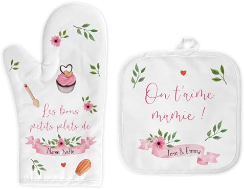 Duo Gant et manique Mamie personnalisé, Set Cuisine Mamie personnalisé, Cadeau fête des Grands-mères personnalisé, Gant Cuisine Mamie
