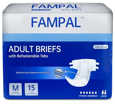 FAMPAL Vital Guard Adult Nappies for Men and Women, Disposable Adult Diapers for Incontinence, Maximum Absorbency, Odor Control, Medium, 15 Count