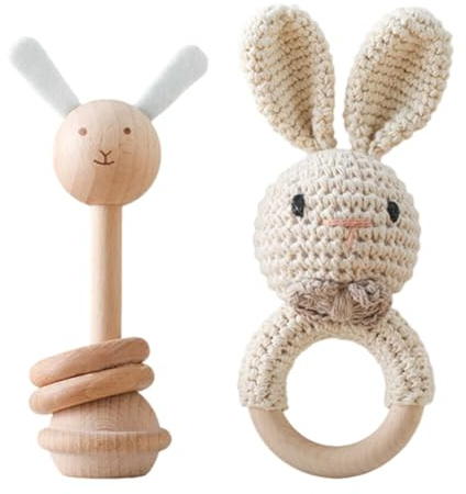 2pcs Gehäkelte Babyrassel baby Häkeln Holz Greifling Baby Sachen Beißring Baby handrassel Baby Shaker Rassel Spielzeug Baby Beruhigendes Spielzeug Baby Beißring Holz gehäkelte Baby Rassel