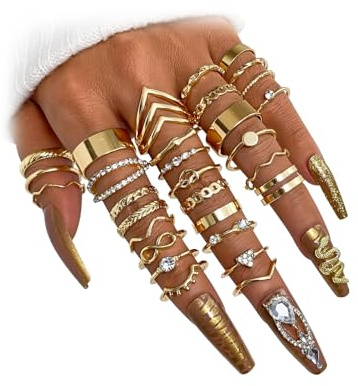 17IF 30 Pcs Gold Vintage Knuckle Ring Set for Women, Boho Crystal Finger Aesthetic Pearl Sparkle Butterfly Chunky Stackable Midi Ring Pack (Boho)