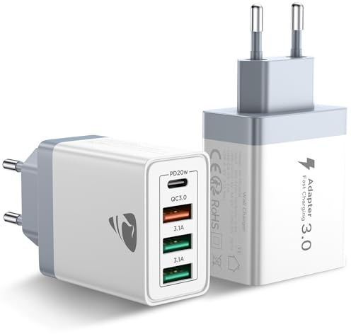 USB C Ladegerät, 2-Pack 40W 4 Ports USB C Adapter Schnellladegerät Mehrfach mit 1 Type C und 3 USB A, QC 3.0 Ladestecker USB Schnellladen für iPhone 16 15, Samsung, Huawei, Handys