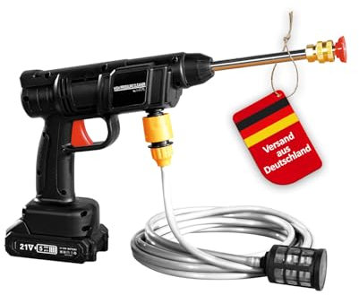 Genius Akku-Druckreiniger Pressure Cleaner 12-TLG., Druckreiniger Pistole Professional, Waschpistole Auto mit Akku und Wasserschlauch 5 M,mobiler Druckreiniger für Terrasse, Garten