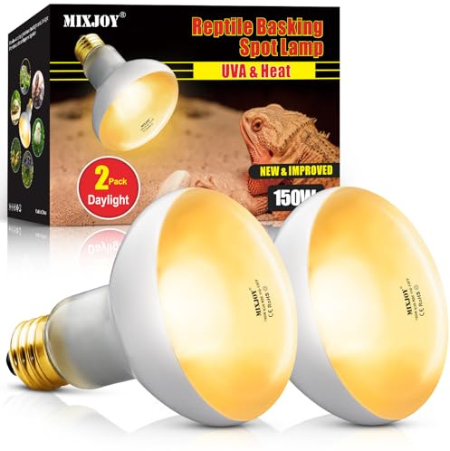 MIXJOY 150W Reptile Heat Lamp Bulbs, 2Pack Heat Lamp Bulbs for Reptiles Basking Bulbs UVA Daylight Basking Light Amphibians Heating Lamp Emitter for Lizard, Tortoise, Bearded Dragon Gecko, Chicken