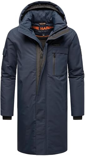 STONE HARBOUR Xandroo XX Vinterkappa för herrar, varm och lång, med avtagbar huva och magnetisk täcklist, storlek S–3XL, marinblå, S